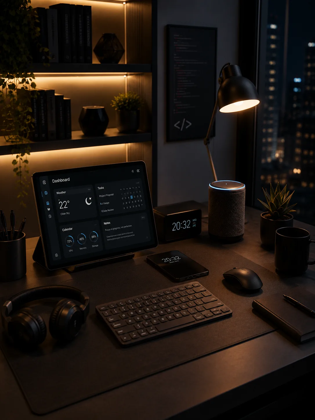 A dimly lit desk at night: a tablet showing a dashboard interface, keyboard, headphones, and a city skyline through the window