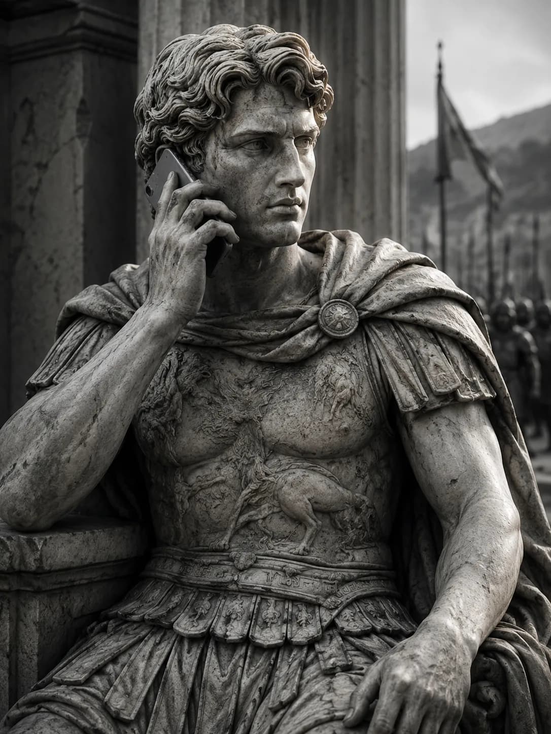 A marble statue of a classical commander making a call to Shaul Akelo